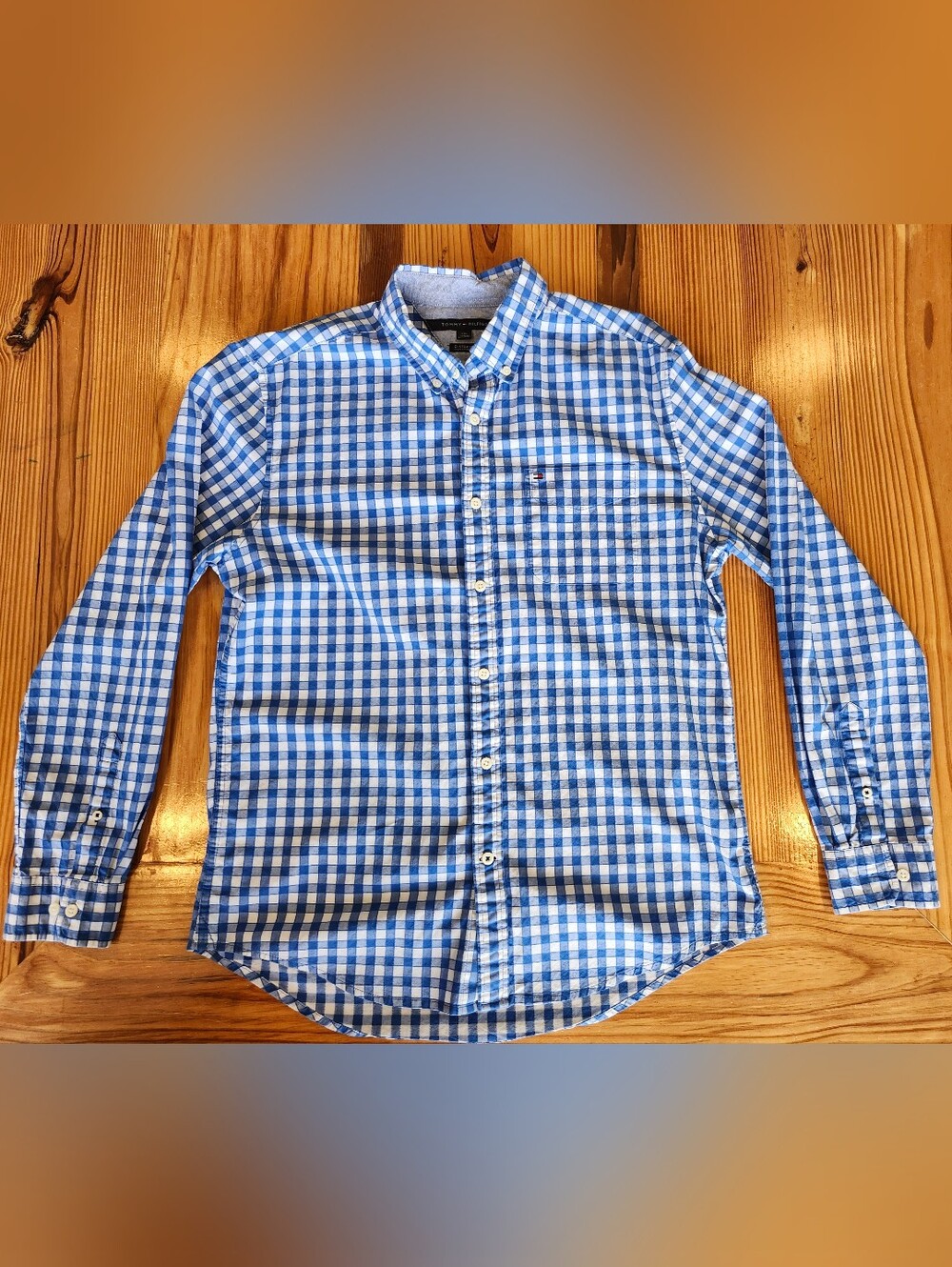 ​Tommy Hilfiger Mens Shirt Large Blue White Gingham Check Custom Fit Long Sleeve